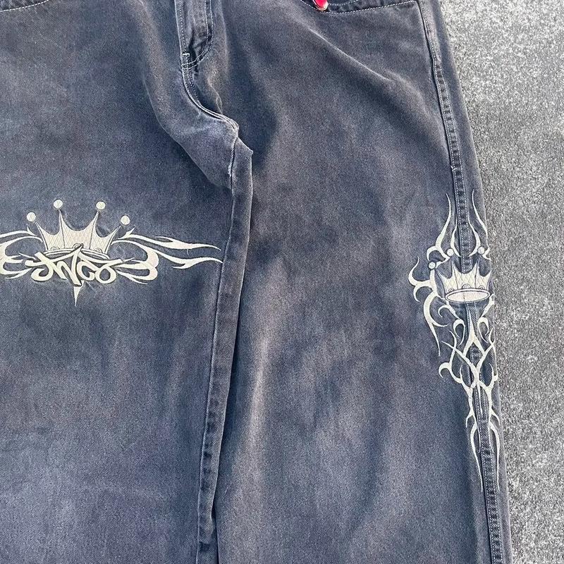 Festival Carnival]Jeans New Y2K Womens Harajuku Retro Hip Hop Embroidery Baggy Jeans Black Pants Gothic High Waisted Wide Trousers Streetwear Womenswear Bottom